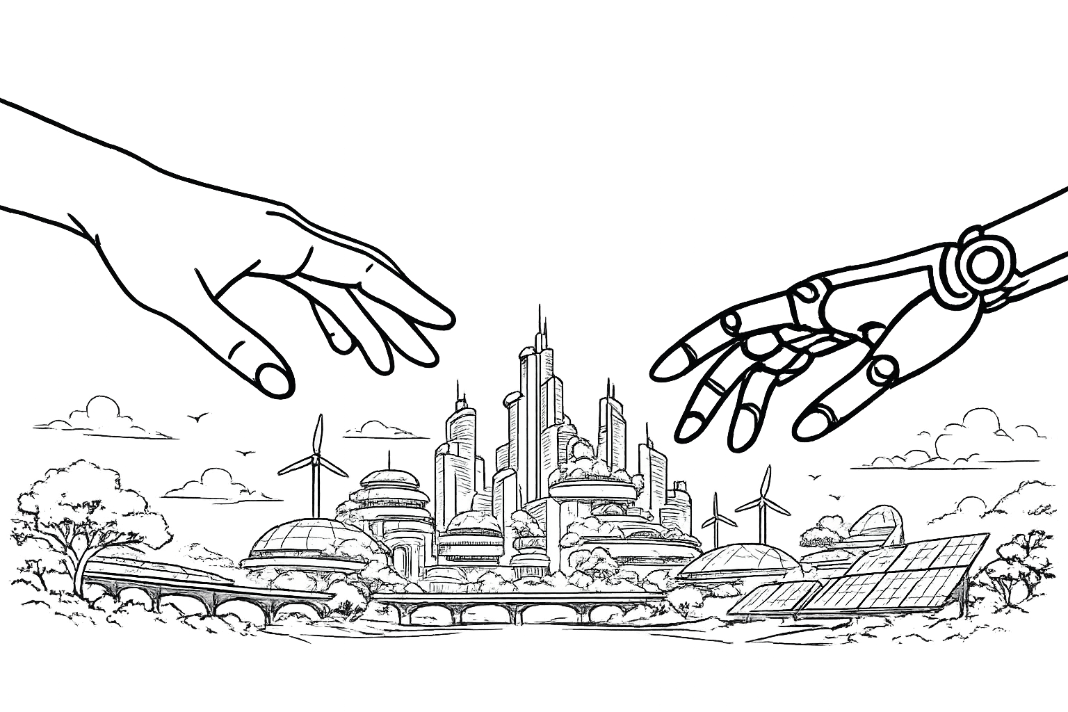 Human and robot hands above a futuristic city